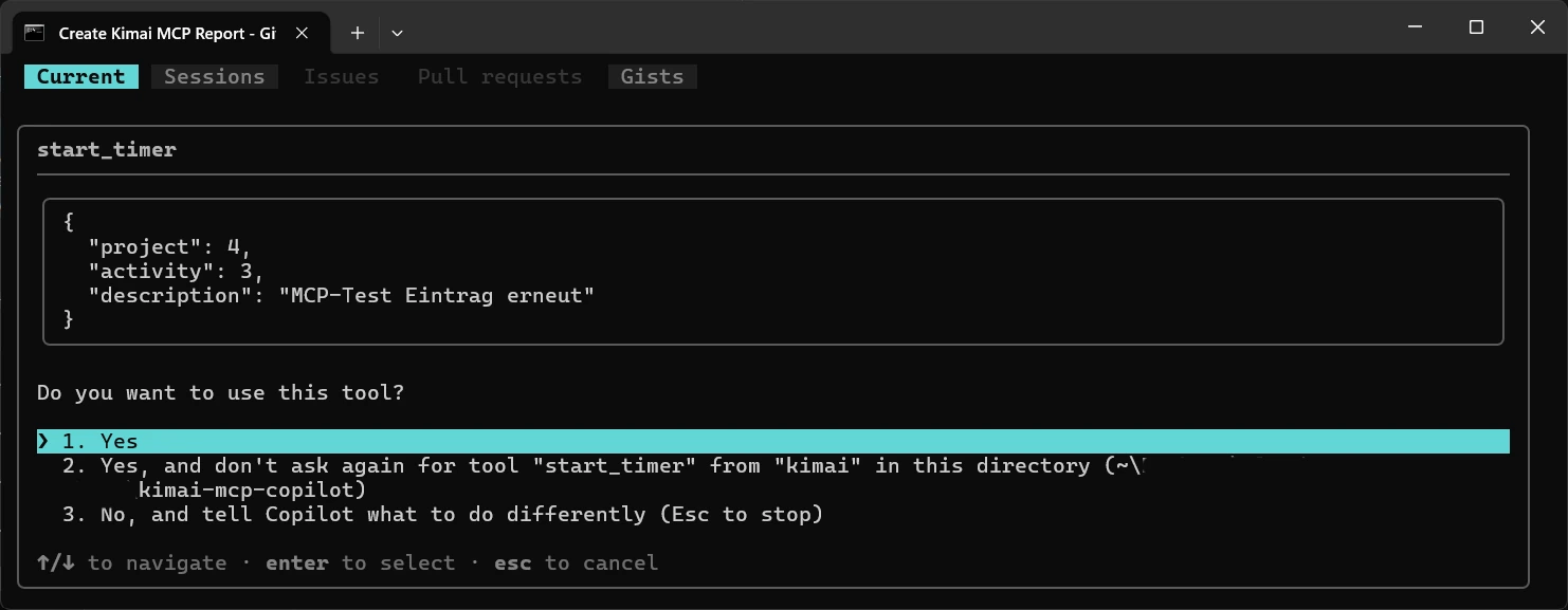 Werkzeugfreigabe der Copilot CLI: Do you want to use this tool? Darüber die Argumente des Aufrufs start_timer als JSON