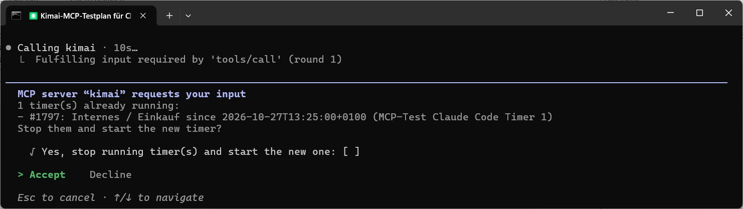 Rückfrage in Claude Code mit leerem Kontrollkästchen „Yes, stop running timer(s) and start the new one“ und darunter Accept und Decline. Accept ist ausgewählt, das Kästchen nicht angekreuzt