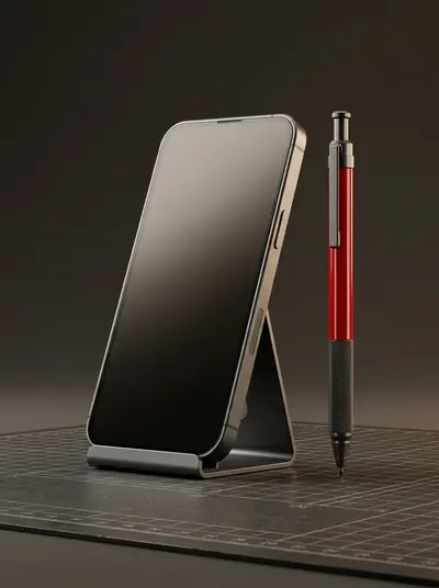 Smartphone aufrecht auf einem Zeichenbrett neben einem roten Stylus - App-Konzeption und UI-Design bei der Lauth IT GmbH