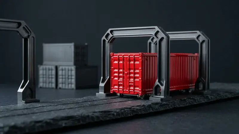 Roter Mini-Container fährt durch Tore aus Graphit – ein Image auf dem Weg durch die Proxys in die eigene Registry