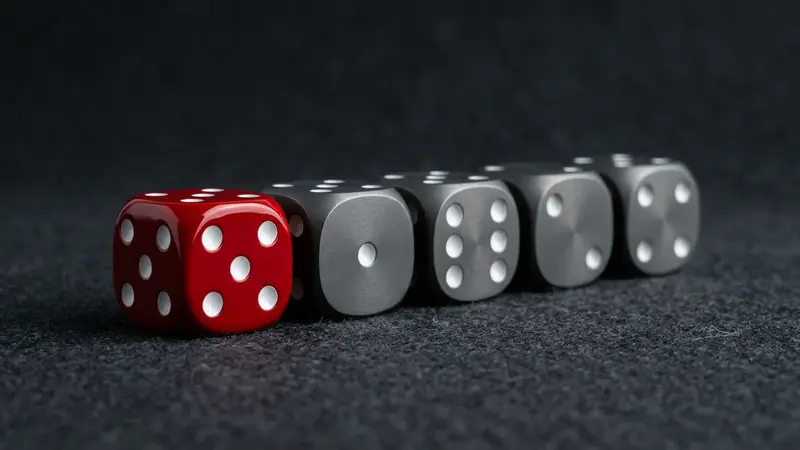 Fünf Graphitwürfel in einer Reihe, der vorderste ist rot – die Position in der Liste entscheidet mit