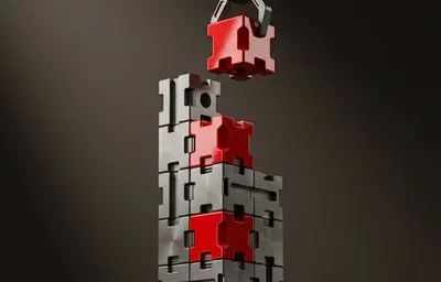 Turm aus präzise gefrästen, ineinander verzahnten Metallmodulen, ein Roboterarm setzt einen roten Baustein auf – Symbol für modulare Softwarearchitektur