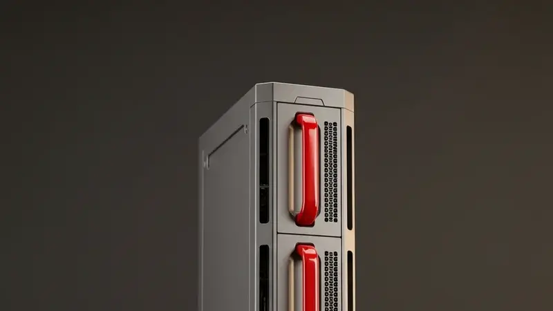Server-Tower aus gefrästem Metall mit roten Laufwerksgriffen - eigene Serverinfrastruktur der Lauth IT GmbH Hannover