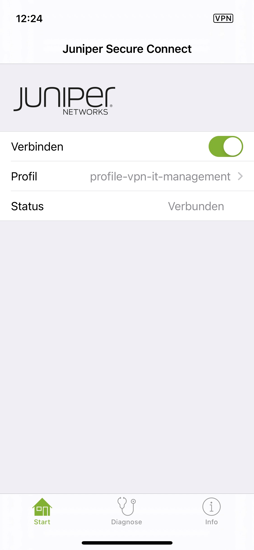 Screenshot der Juniper Secure Connect App. VPN-Verbindung hergestellt.